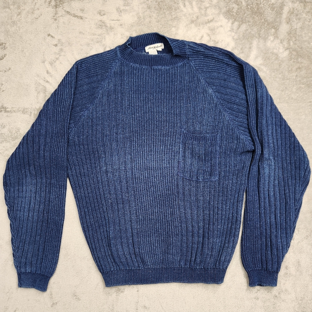 Alan Michaels Vintage Knit blue ribbed Men's LongSleeve Sweater large 100%cotton